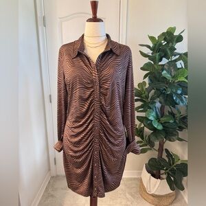 Brown Zebra Print Ruched Shirt Dress, in Women’s Size XXL
